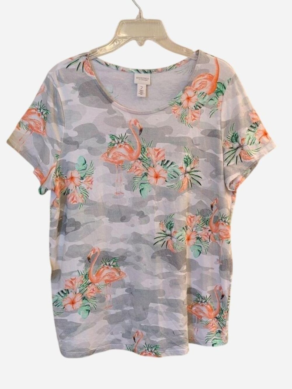 Weekends by Chico's Women's Flamingo Print Short Sleeve Tee Size 2 (L)